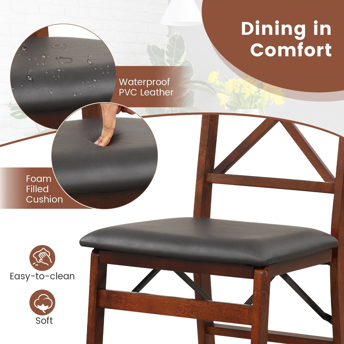 Lot de 2 chaises de salle à manger pliantes à dossier en X, bois d'hévéa couleur expresso avec assise en similicuir noir, 400 lb