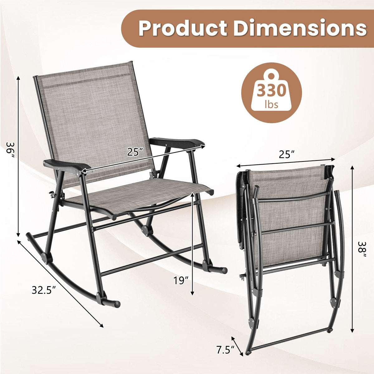 Juego de 2 mecedoras plegables con asiento de tela transpirable - Marrón