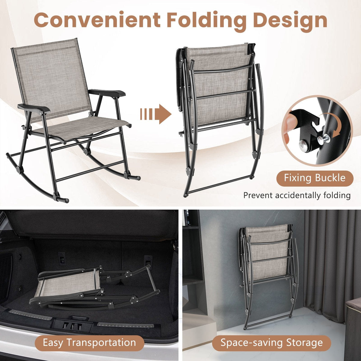 Juego de 2 mecedoras plegables con asiento de tela transpirable - Marrón