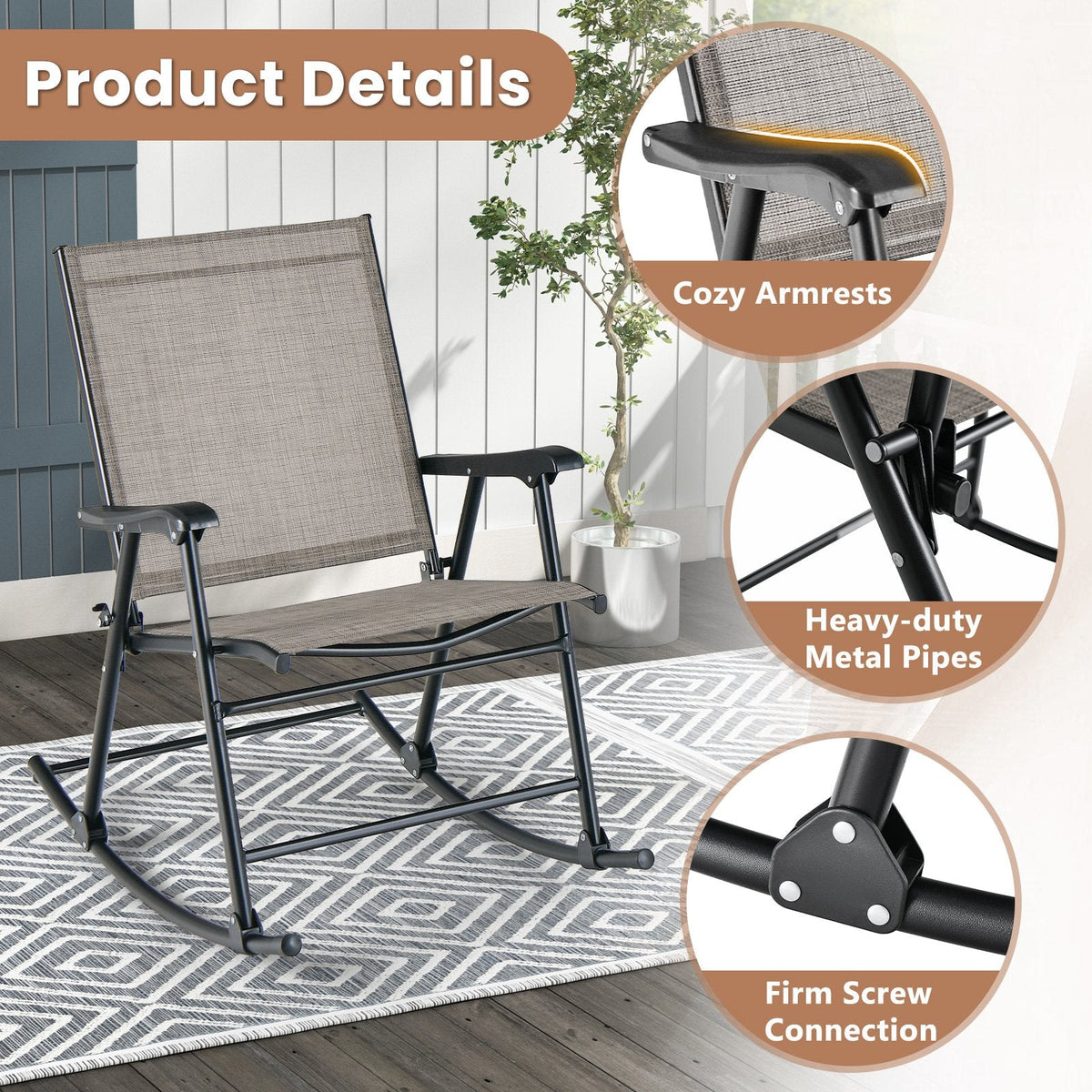 Juego de 2 mecedoras plegables con asiento de tela transpirable - Marrón