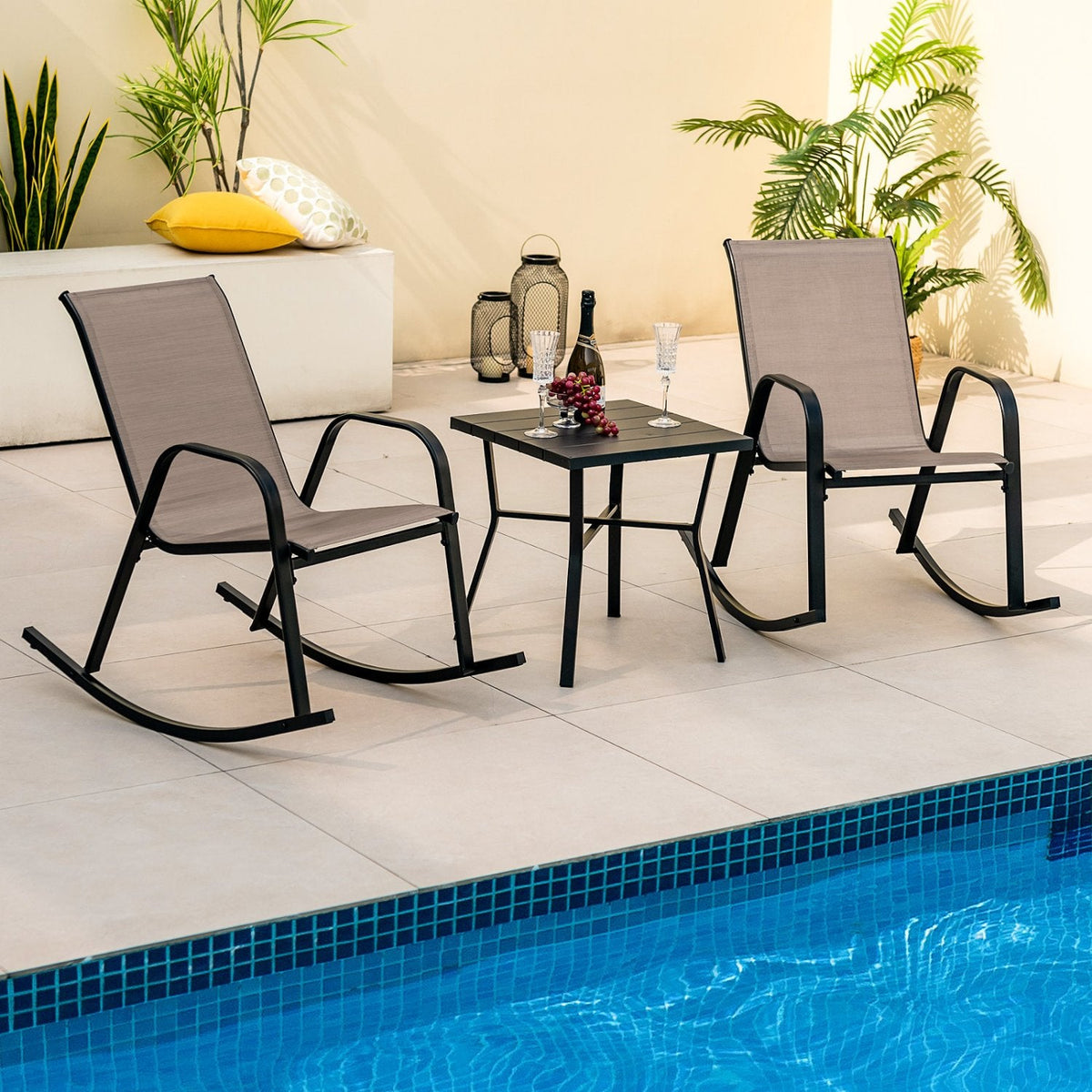 Juego de 2 mecedoras de patio de metal de alta resistencia con tela transpirable para el asiento - Marrón