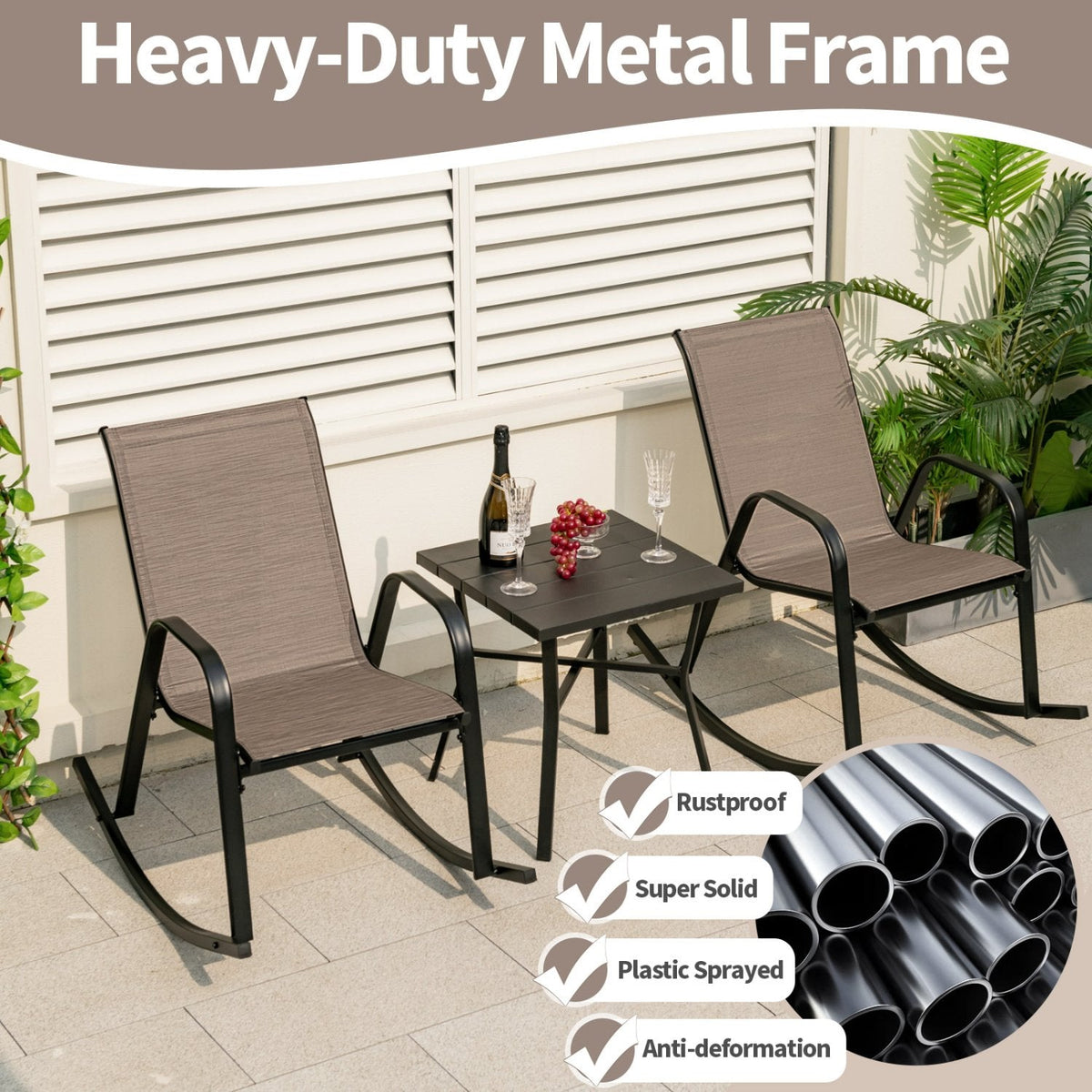 Juego de 2 mecedoras de patio de metal de alta resistencia con tela transpirable para el asiento - Marrón