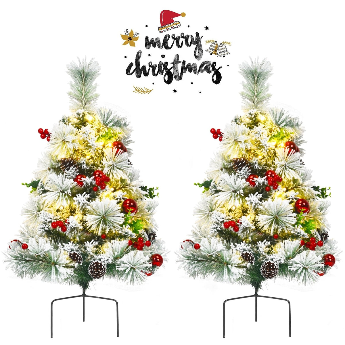 2er-Set künstliche, beleuchtete Weihnachts-Wegebeleuchtung, beflockt, 60 cm, batteriebetrieben
