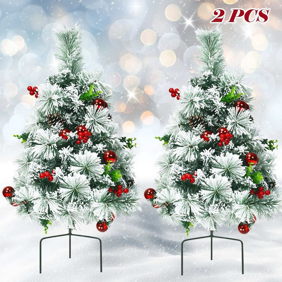 2er-Set künstliche, beleuchtete Weihnachts-Wegebeleuchtung, beflockt, 60 cm, batteriebetrieben