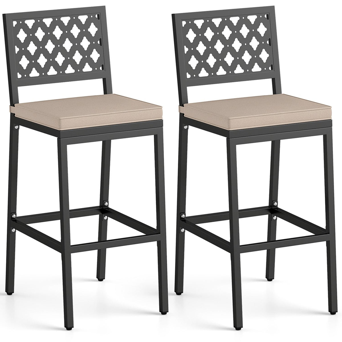 Juego de 2 sillas de bar para patio, altura de mostrador, con cojín desmontable y reposapiés, estampado de rombos