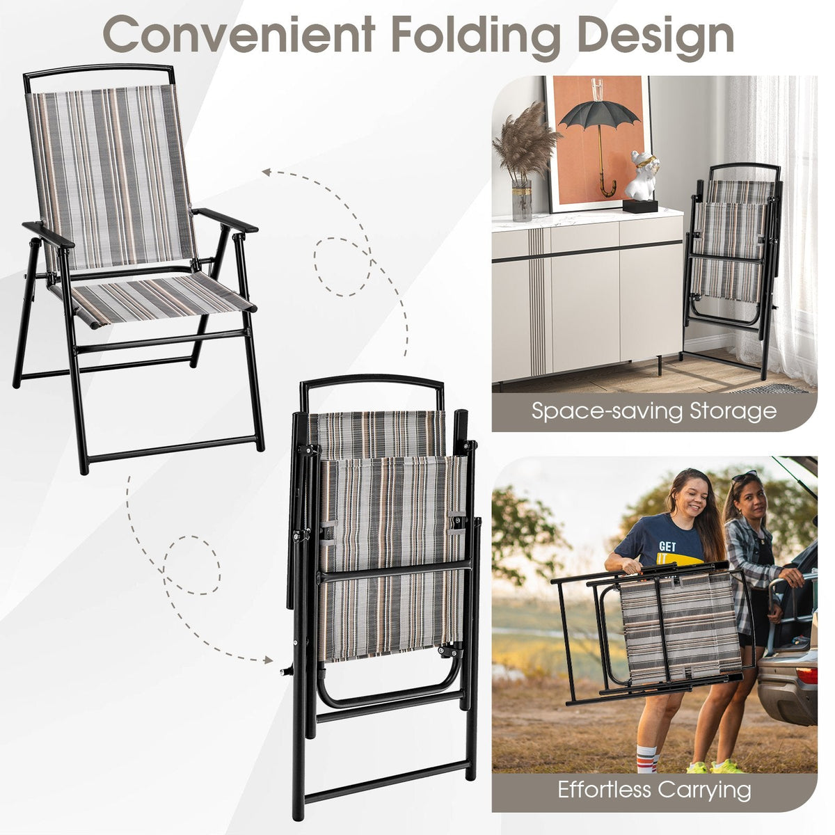 Juego de 2 sillas plegables de patio tipo sling, que ahorran espacio, para comedor, gris