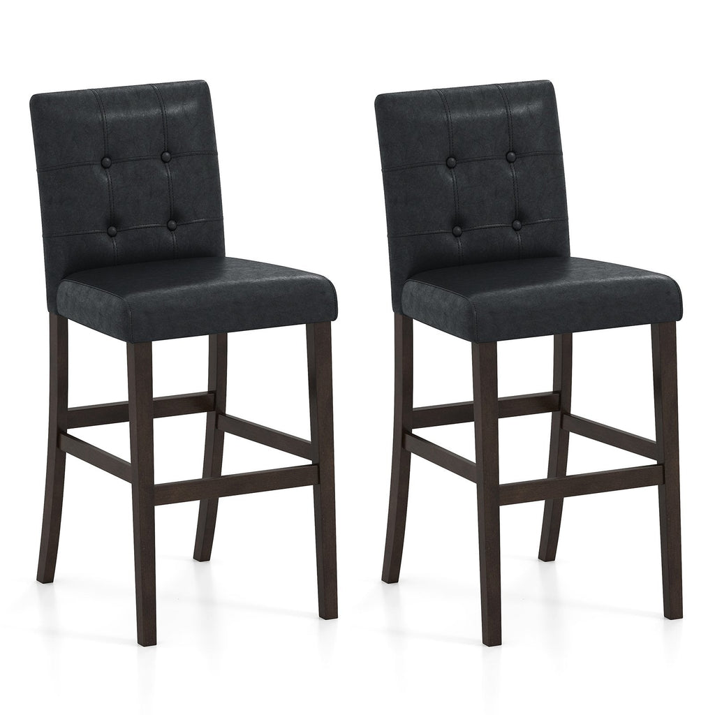 Juego de 2 taburetes de mostrador tapizados en PVC negro con patas de madera maciza, asiento de 26 pulgadas