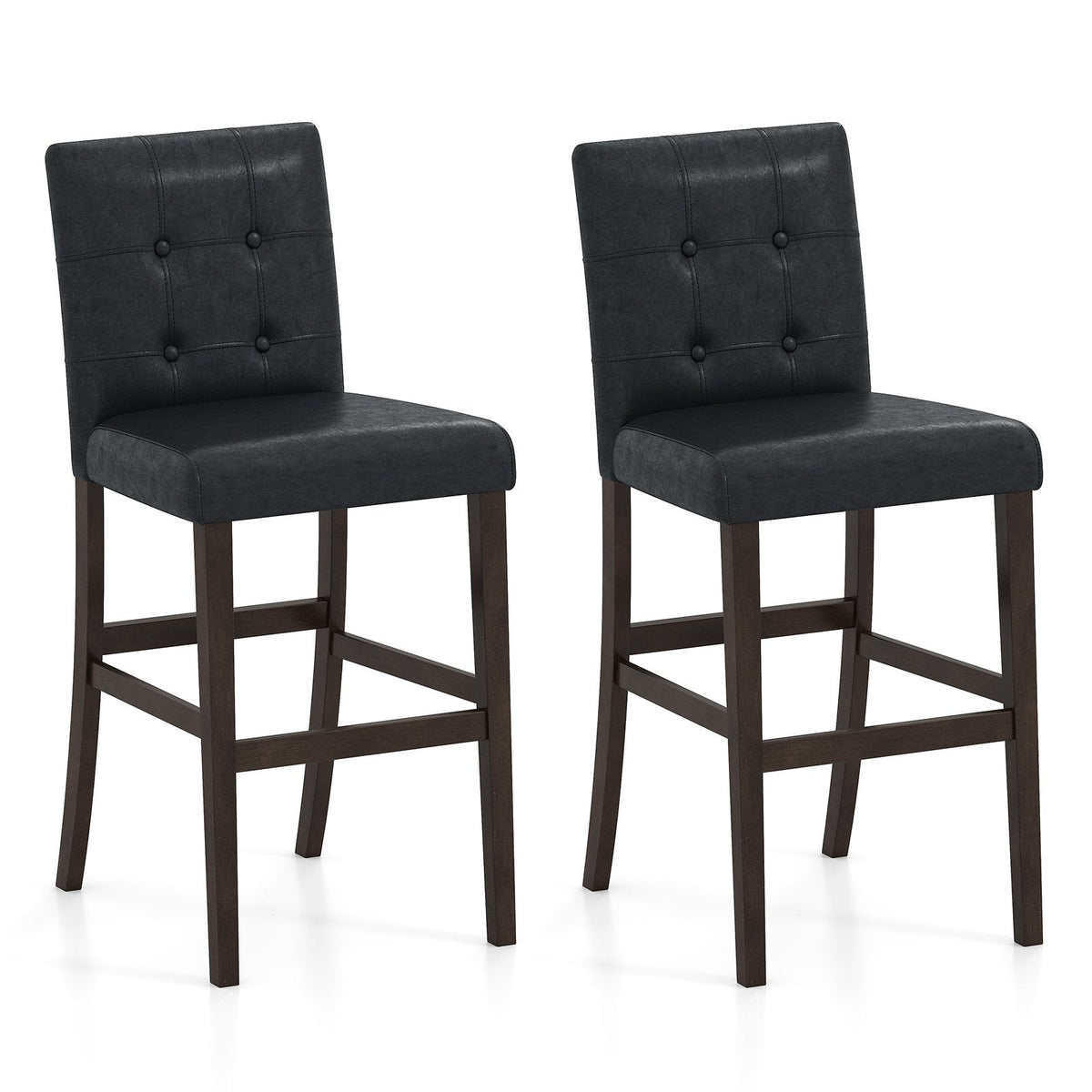 Juego de 2 taburetes de mostrador tapizados en PVC negro con patas de madera maciza, asiento de 26 pulgadas