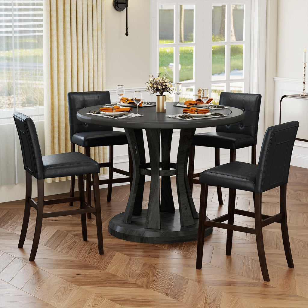 Juego de 2 taburetes de mostrador tapizados en PVC negro con patas de madera maciza, asiento de 26 pulgadas