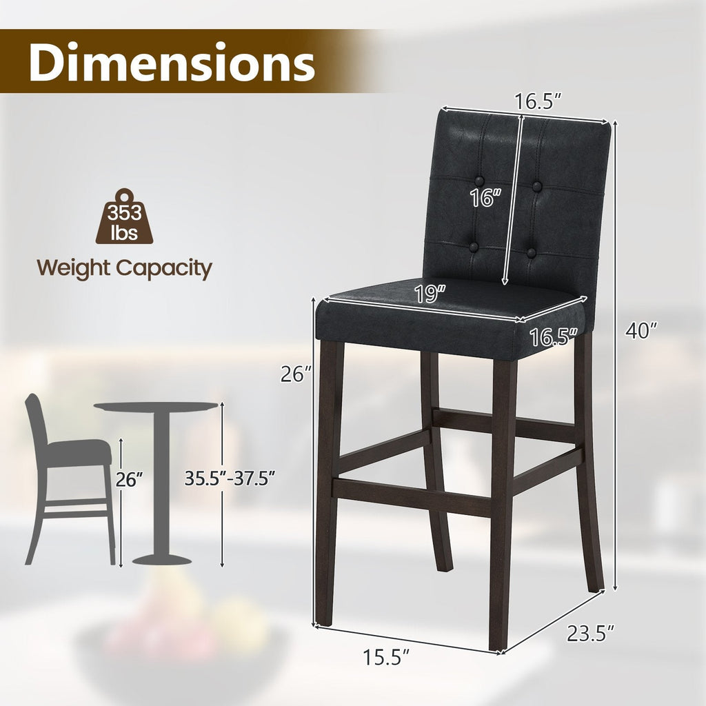 Juego de 2 taburetes de mostrador tapizados en PVC negro con patas de madera maciza, asiento de 26 pulgadas