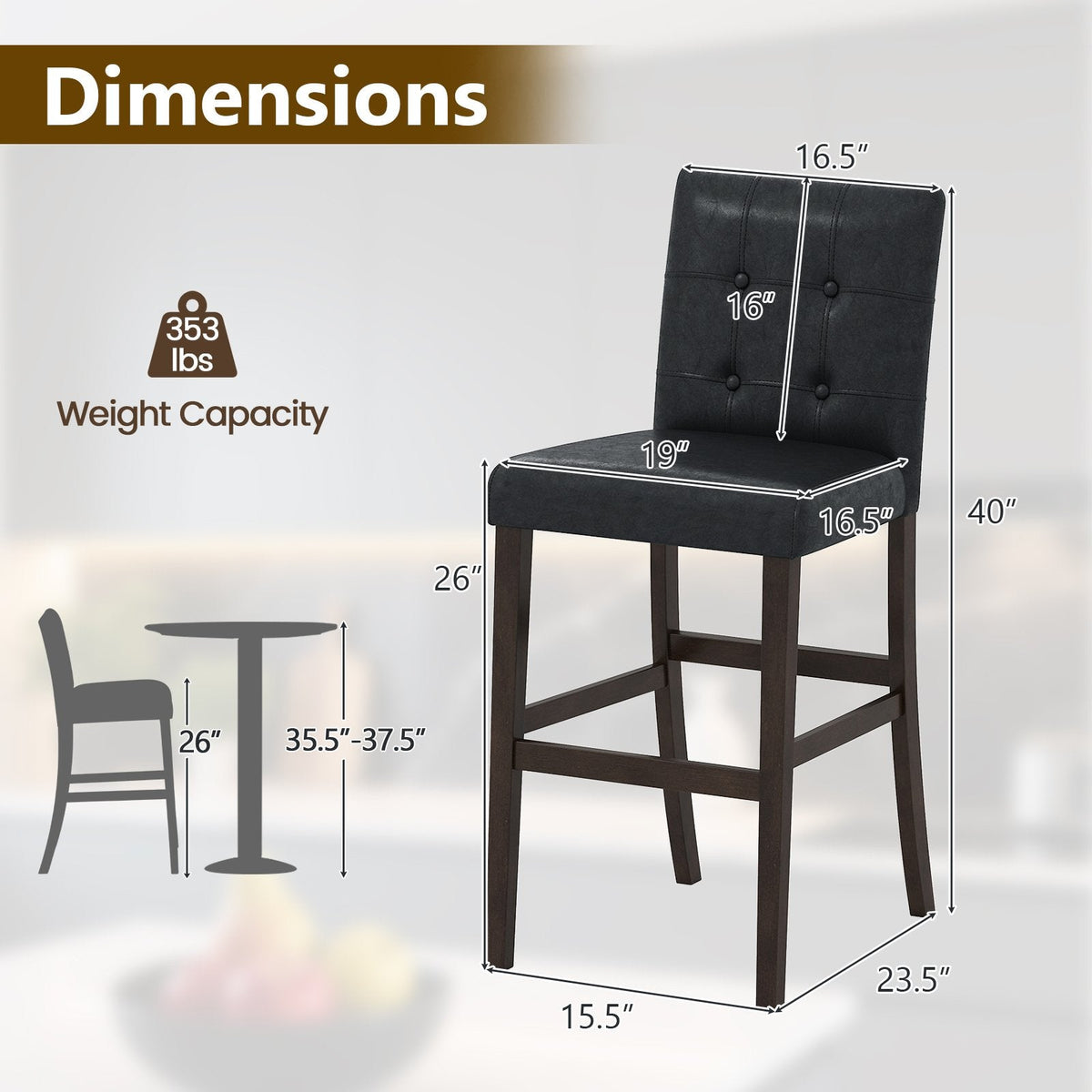 Juego de 2 taburetes de mostrador tapizados en PVC negro con patas de madera maciza, asiento de 26 pulgadas