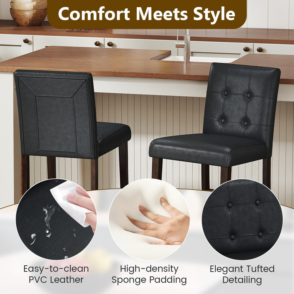Juego de 2 taburetes de mostrador tapizados en PVC negro con patas de madera maciza, asiento de 26 pulgadas