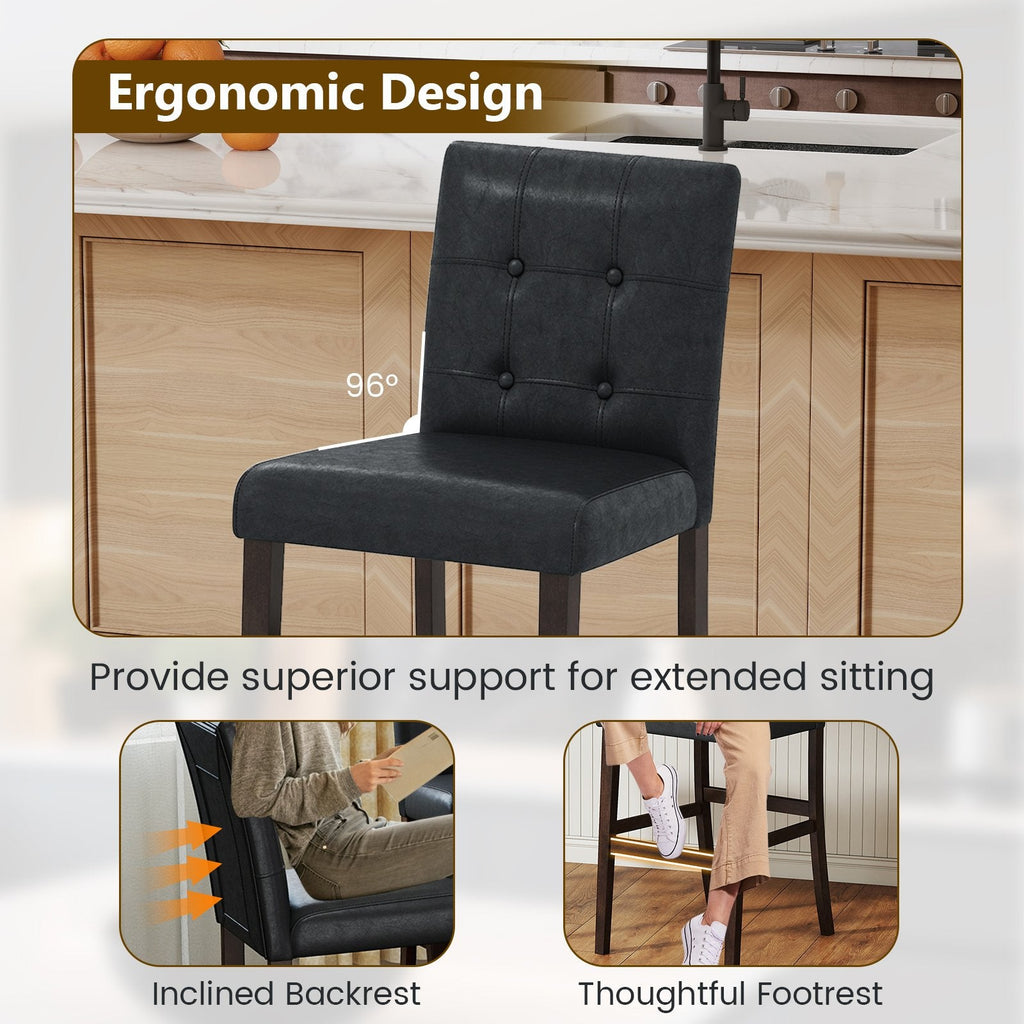Juego de 2 taburetes de mostrador tapizados en PVC negro con patas de madera maciza, asiento de 26 pulgadas