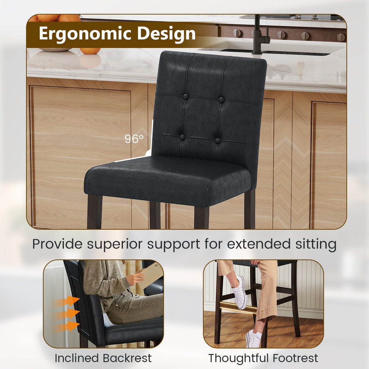 Juego de 2 taburetes de mostrador tapizados en PVC negro con patas de madera maciza, asiento de 26 pulgadas