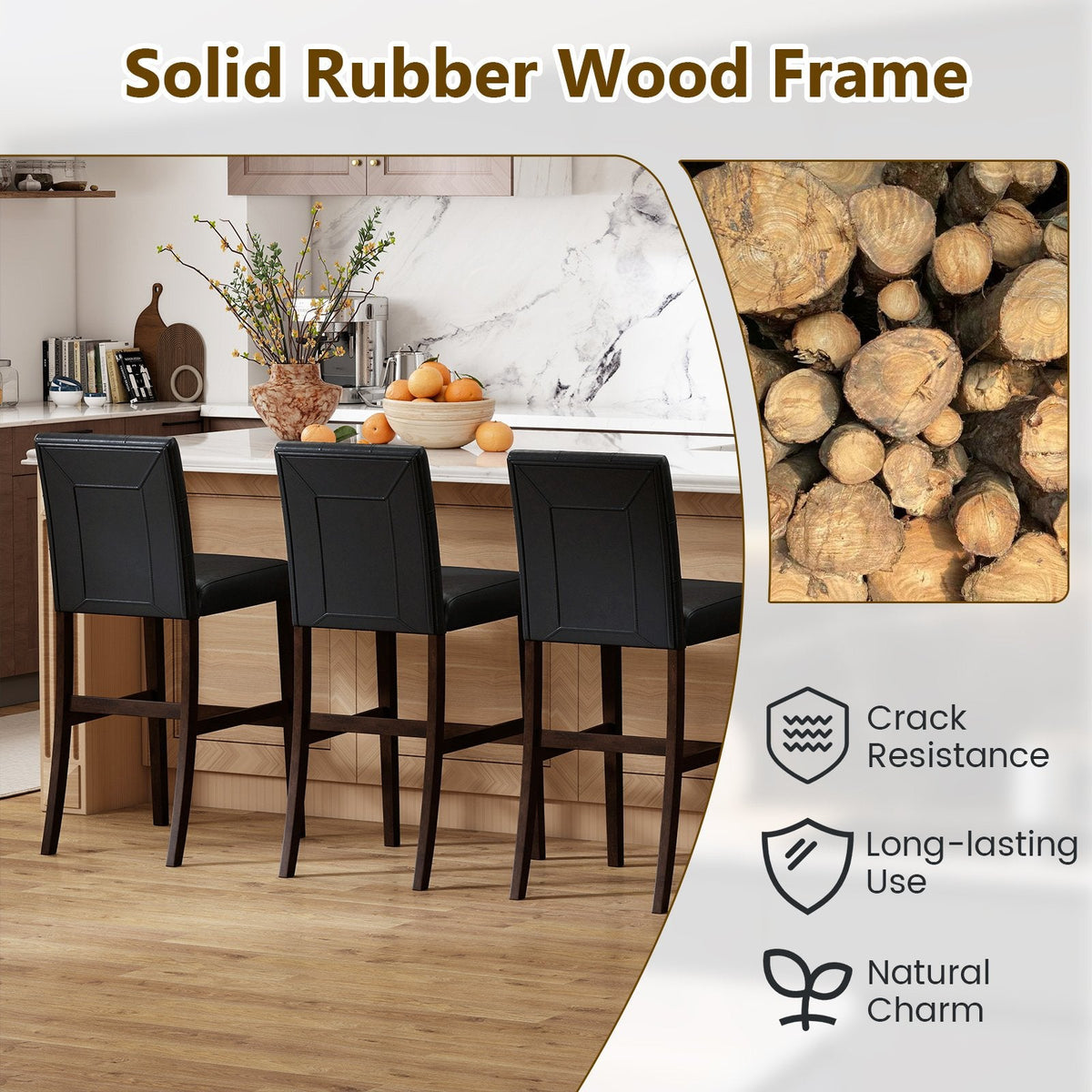 Juego de 2 taburetes de mostrador tapizados en PVC negro con patas de madera maciza, asiento de 26 pulgadas