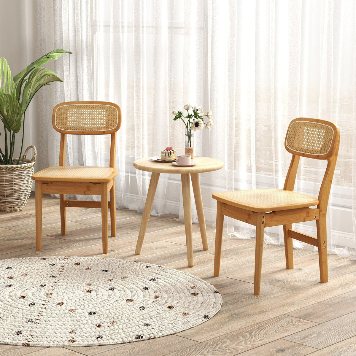 Lot de 2 chaises de salle à manger en rotin avec dossier et assise tressés, structure en bois naturel