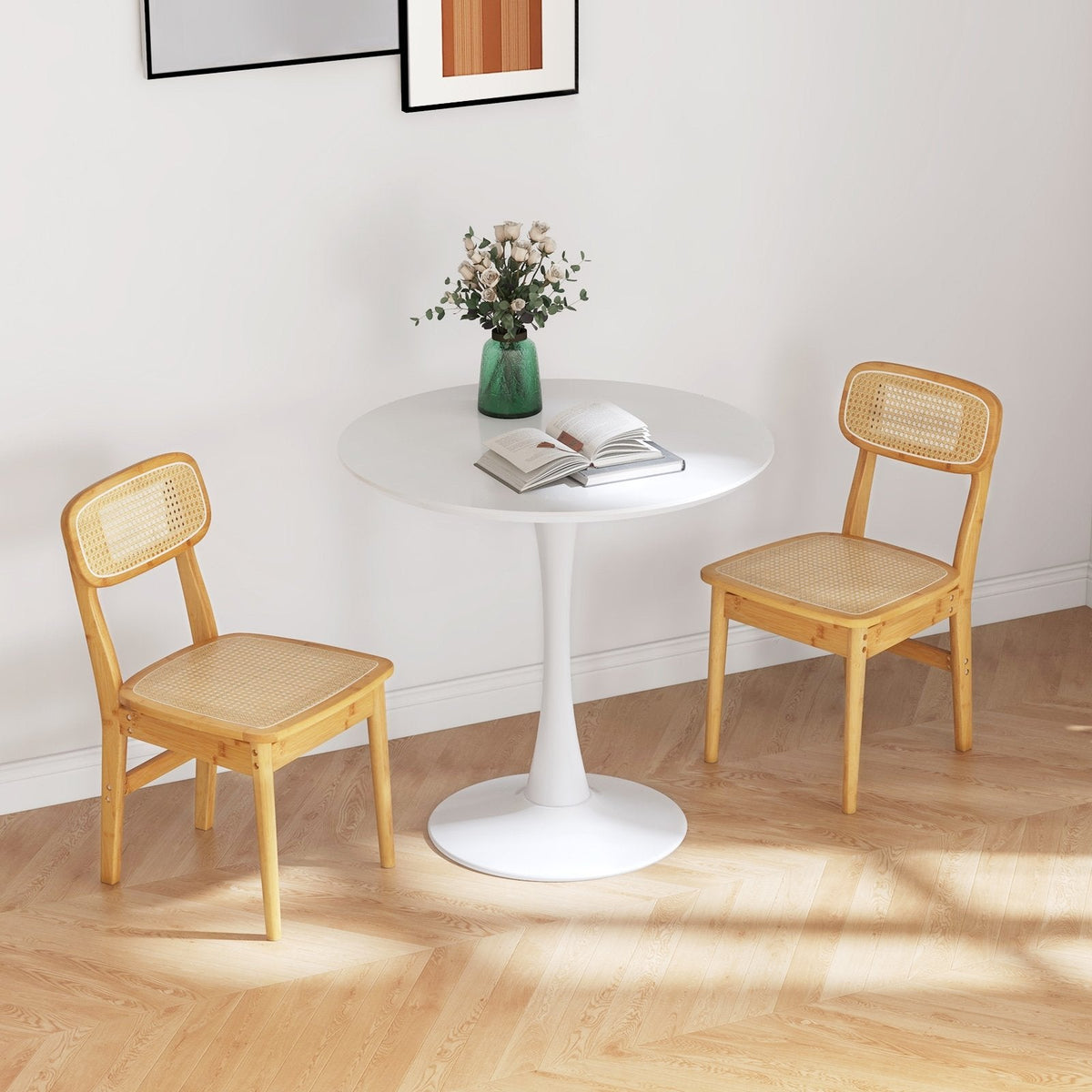 Lot de 2 chaises de salle à manger en rotin avec dossier et assise tressés, structure en bois naturel