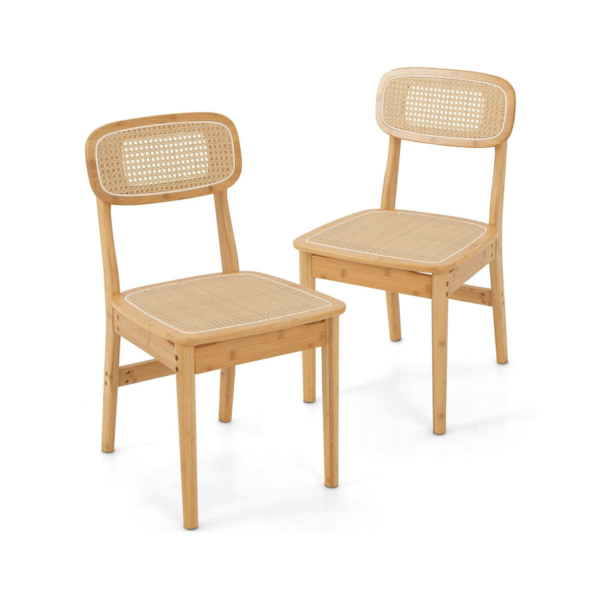Lot de 2 chaises de salle à manger en rotin avec dossier et assise tressés, structure en bois naturel