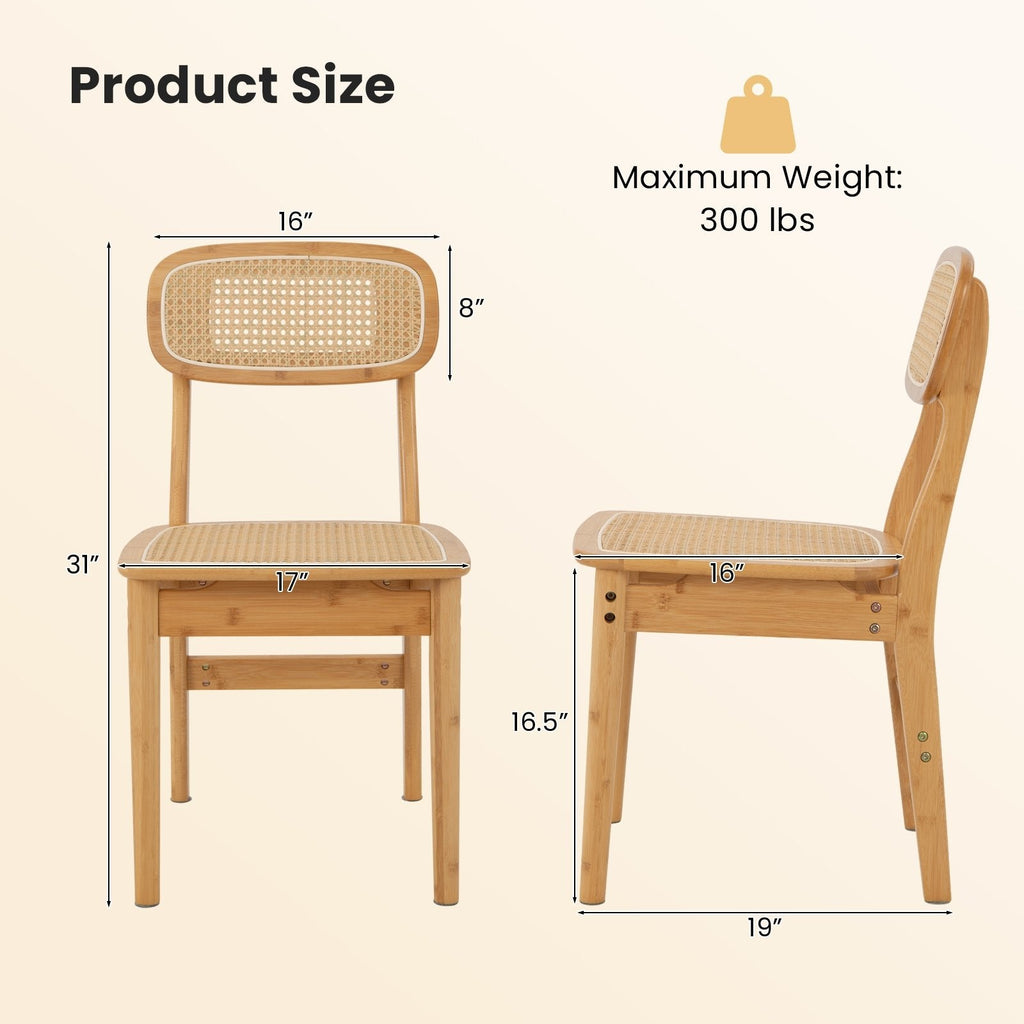 Lot de 2 chaises de salle à manger en rotin avec dossier et assise tressés, structure en bois naturel