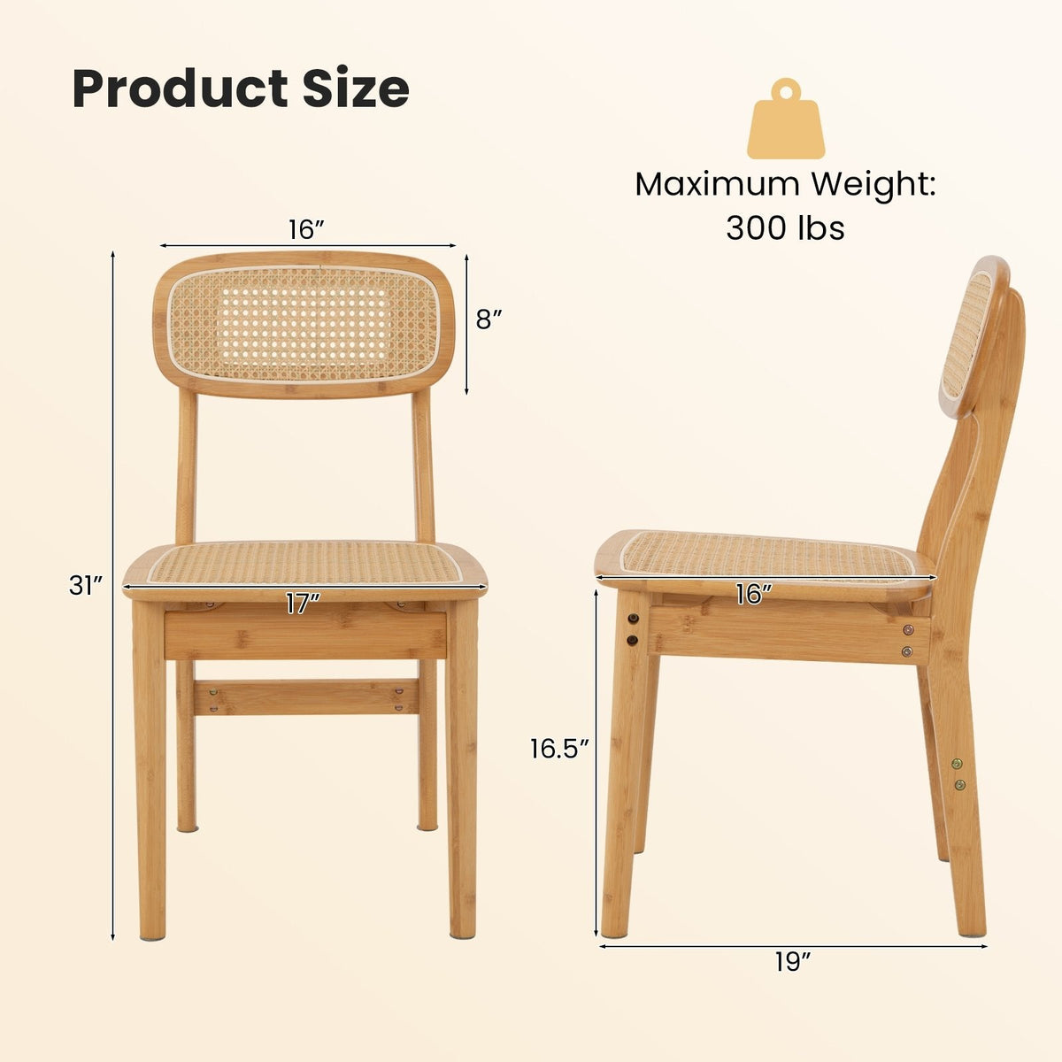 Lot de 2 chaises de salle à manger en rotin avec dossier et assise tressés, structure en bois naturel