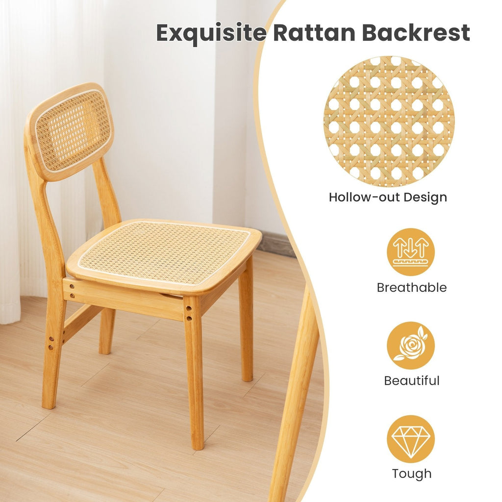 Lot de 2 chaises de salle à manger en rotin avec dossier et assise tressés, structure en bois naturel