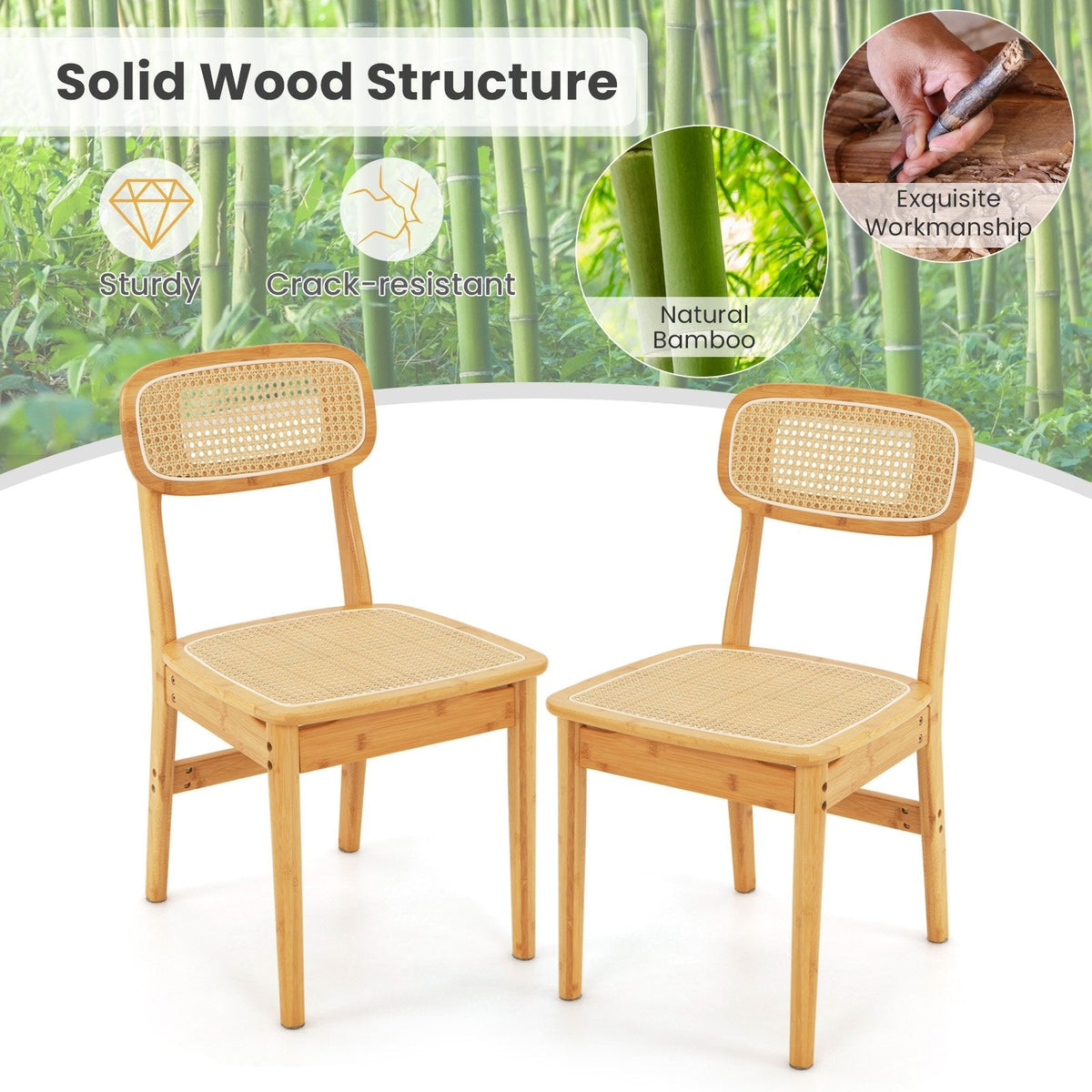 Lot de 2 chaises de salle à manger en rotin avec dossier et assise tressés, structure en bois naturel