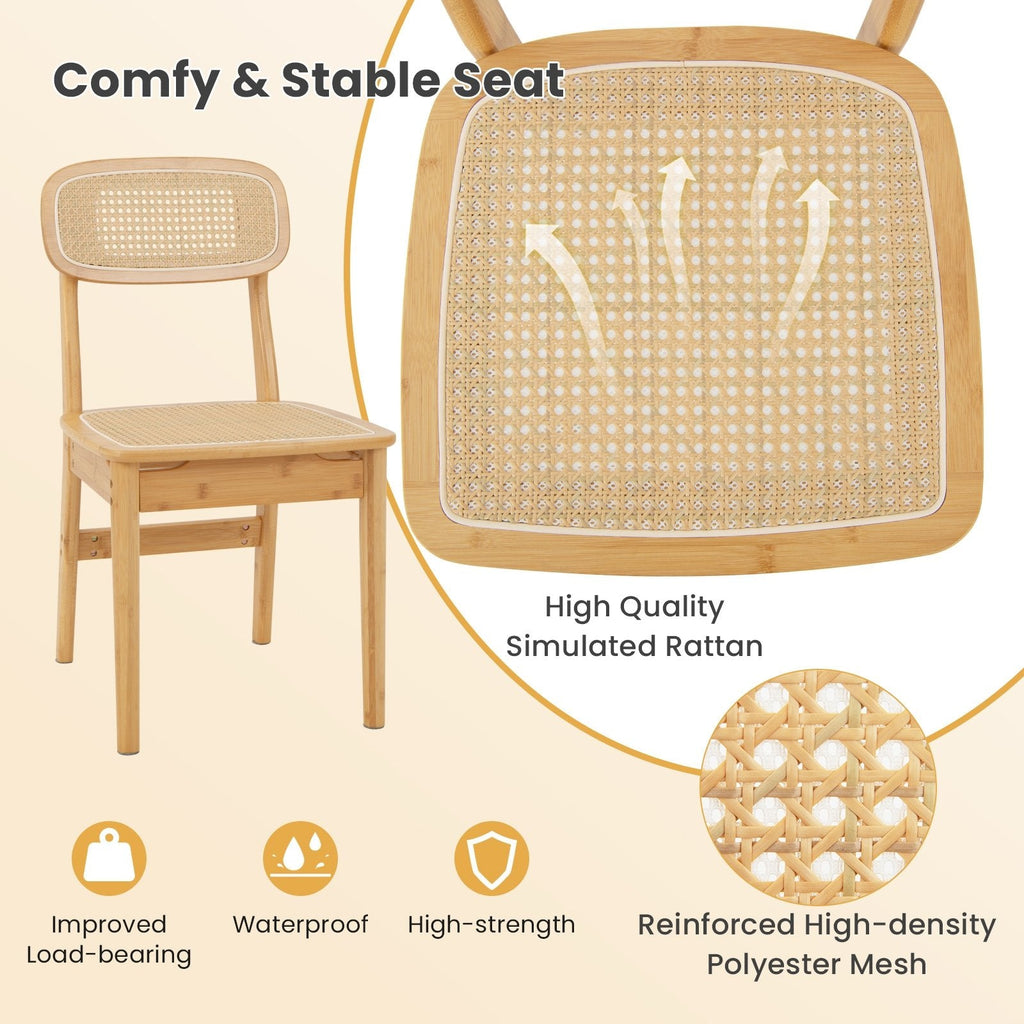 Lot de 2 chaises de salle à manger en rotin avec dossier et assise tressés, structure en bois naturel