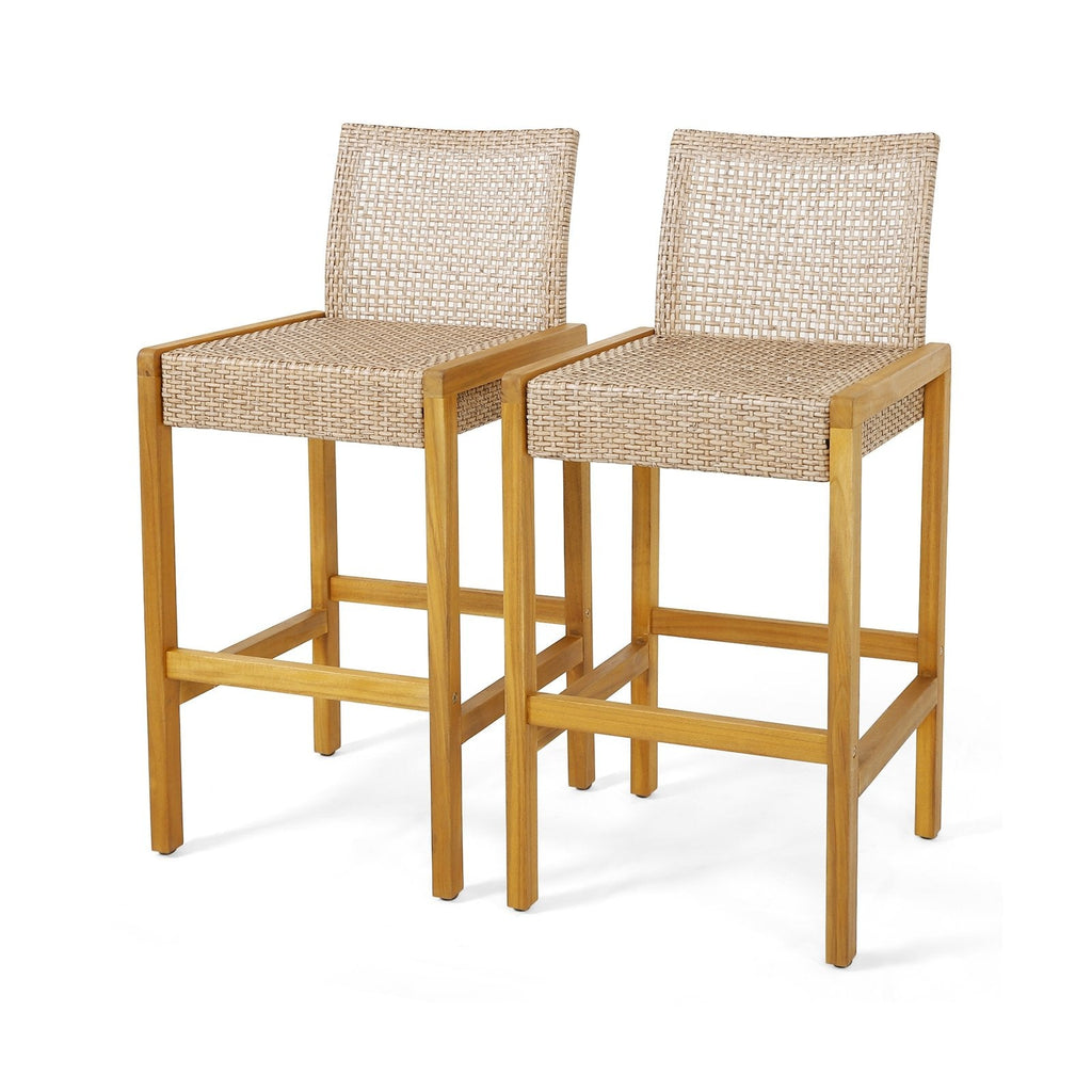 Juego de 2 taburetes de bar de ratán de madera para patio con respaldo - Juego de 2