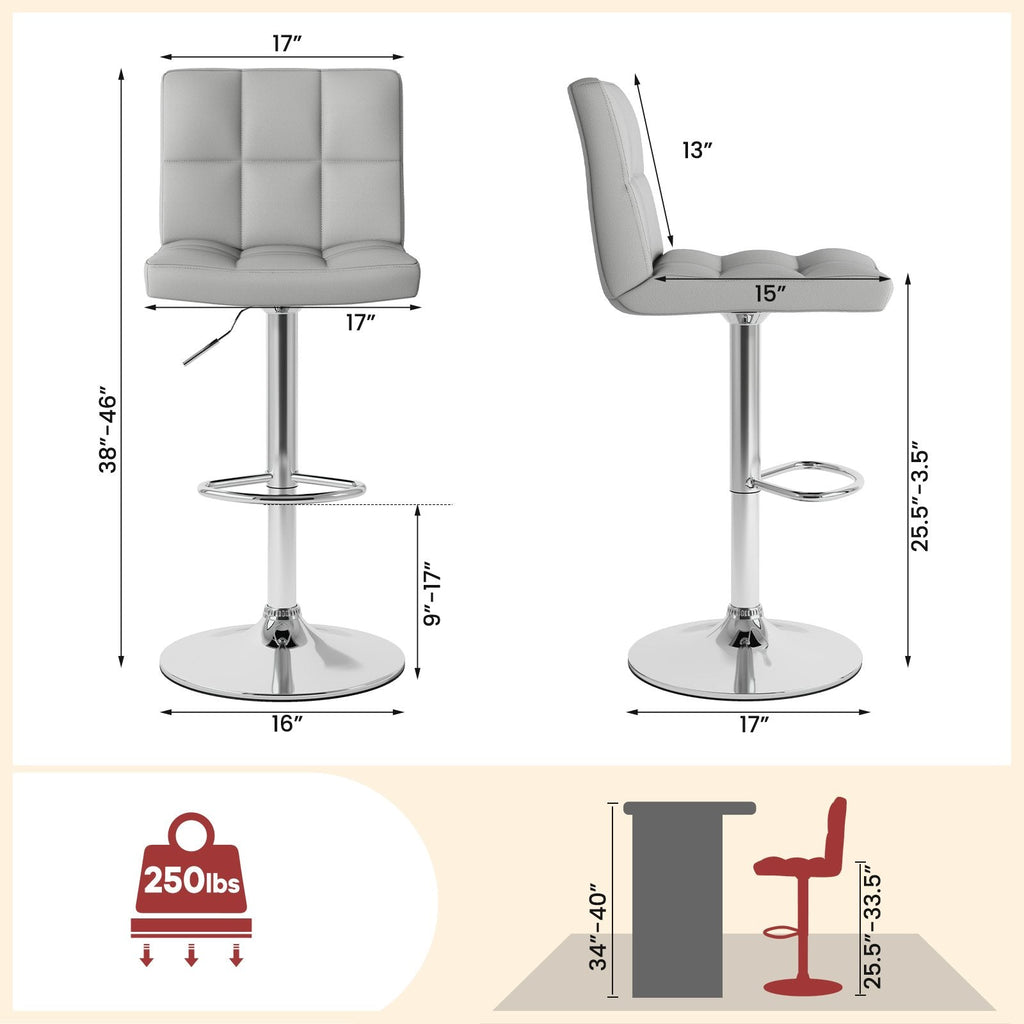 Set aus 2 quadratischen, gesteppten, drehbaren Barhockern in Grau, Sitzhöhe 64,8 bis 85,1 cm