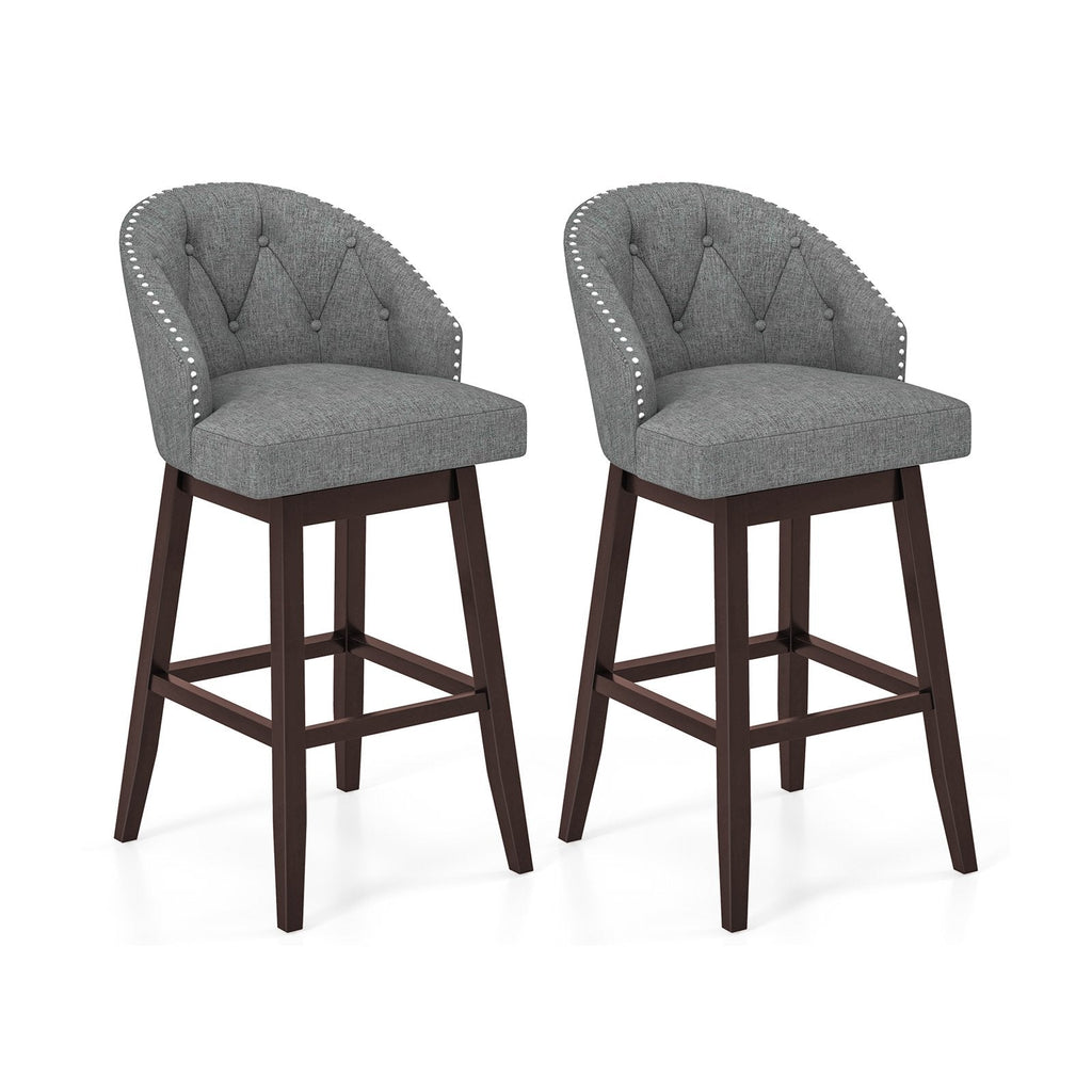 Juego de 2 taburetes de bar giratorios con respaldo de barril capitoné en lino gris, altura de asiento de 31 pulgadas