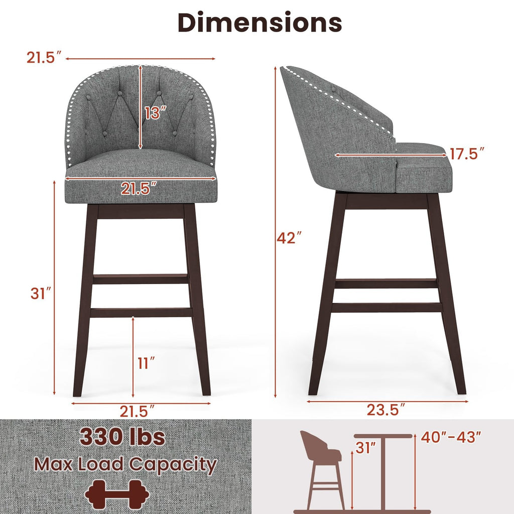 Juego de 2 taburetes de bar giratorios con respaldo de barril capitoné en lino gris, altura de asiento de 31 pulgadas