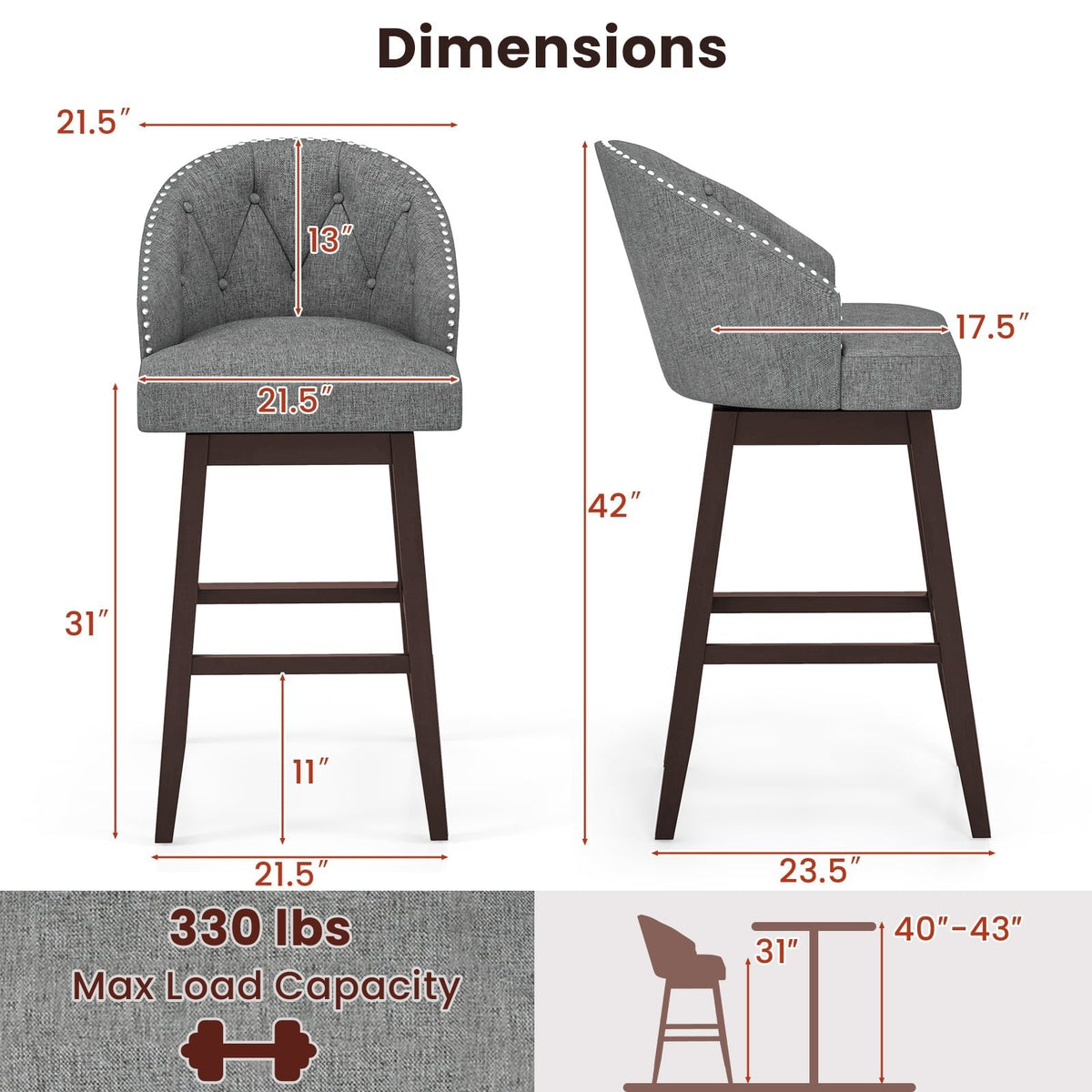 Juego de 2 taburetes de bar giratorios con respaldo de barril capitoné en lino gris, altura de asiento de 31 pulgadas