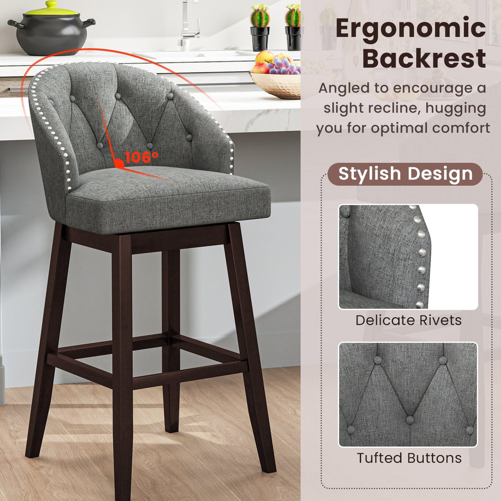 Juego de 2 taburetes de bar giratorios con respaldo de barril capitoné en lino gris, altura de asiento de 31 pulgadas