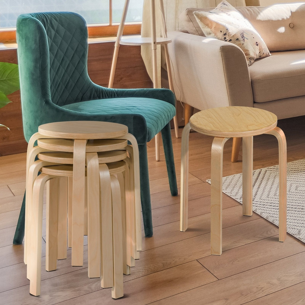 Juego de 4 taburetes apilables de madera curvada con asiento redondo, color natural, 18 pulgadas