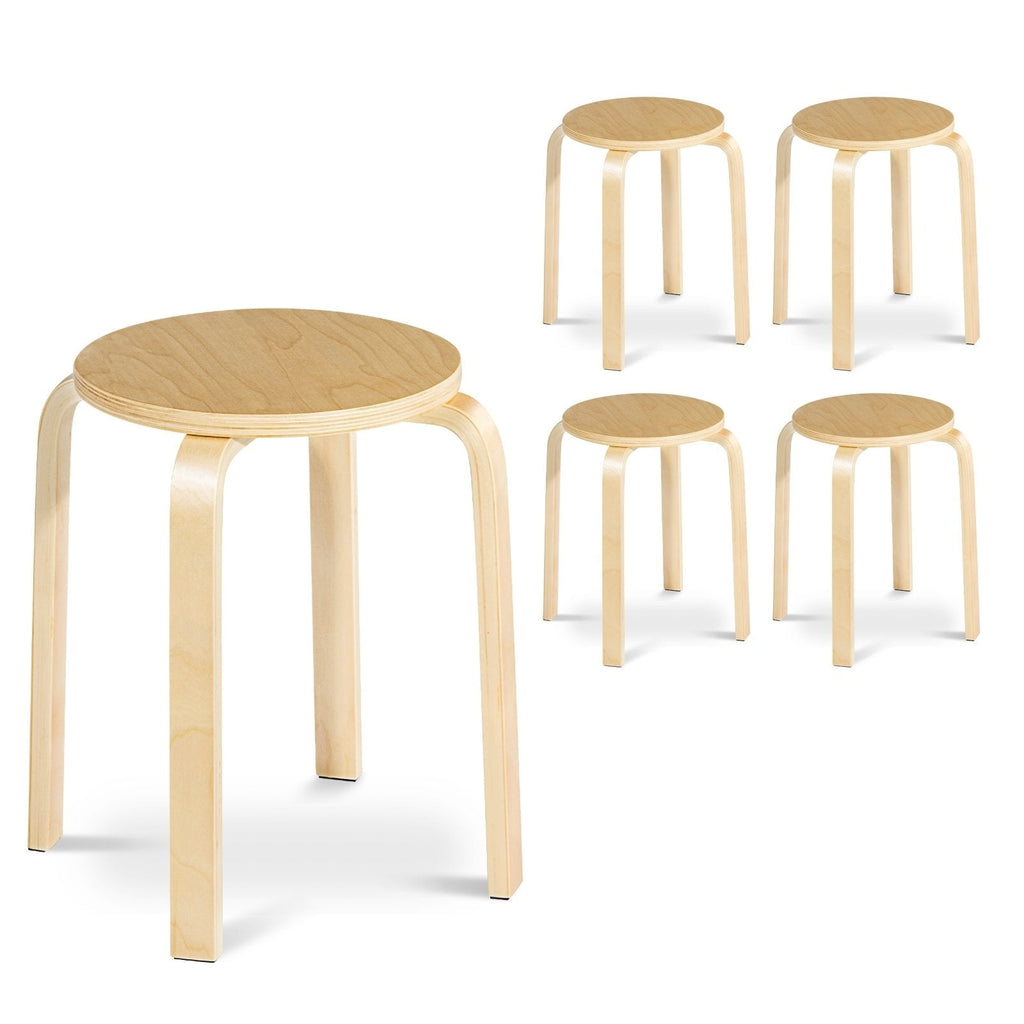 Juego de 4 taburetes apilables de madera curvada con asiento redondo, color natural, 18 pulgadas