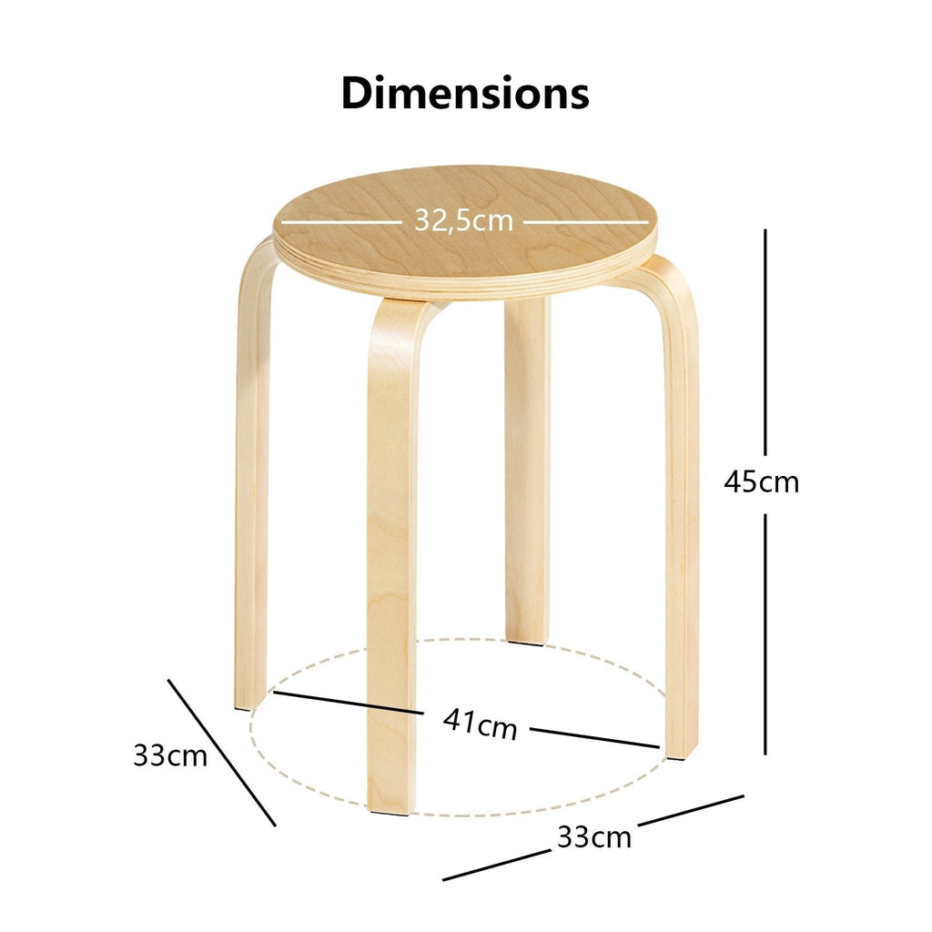 Juego de 4 taburetes apilables de madera curvada con asiento redondo, color natural, 18 pulgadas