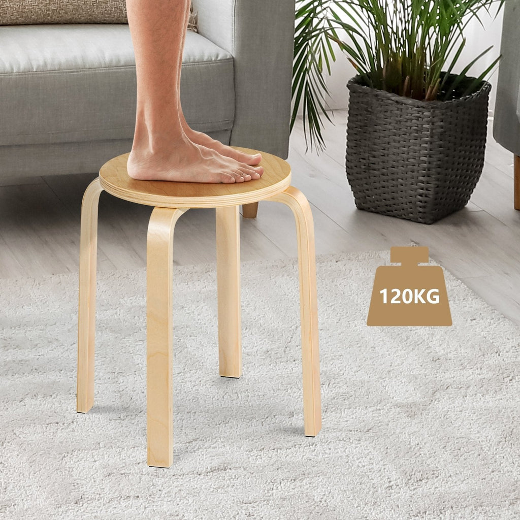 Juego de 4 taburetes apilables de madera curvada con asiento redondo, color natural, 18 pulgadas