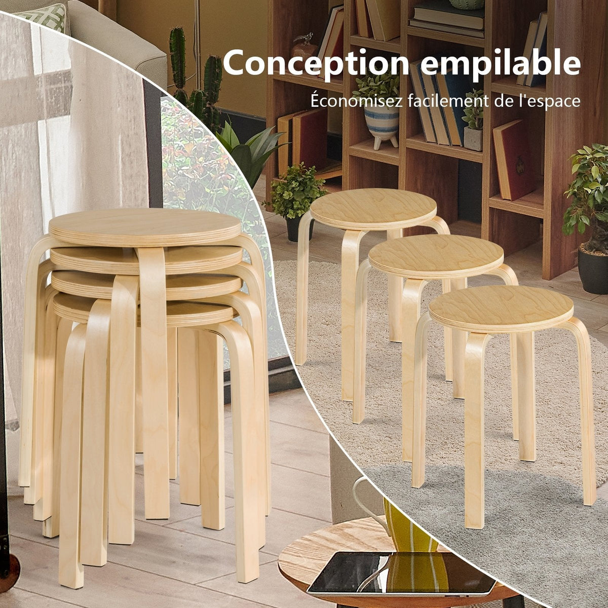 Juego de 4 taburetes apilables de madera curvada con asiento redondo, color natural, 18 pulgadas
