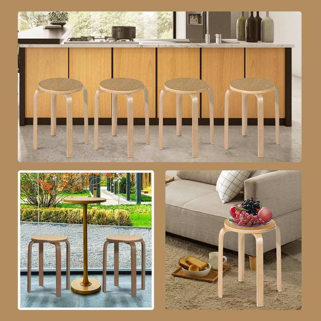Juego de 4 taburetes apilables de madera curvada con asiento redondo, color natural, 18 pulgadas