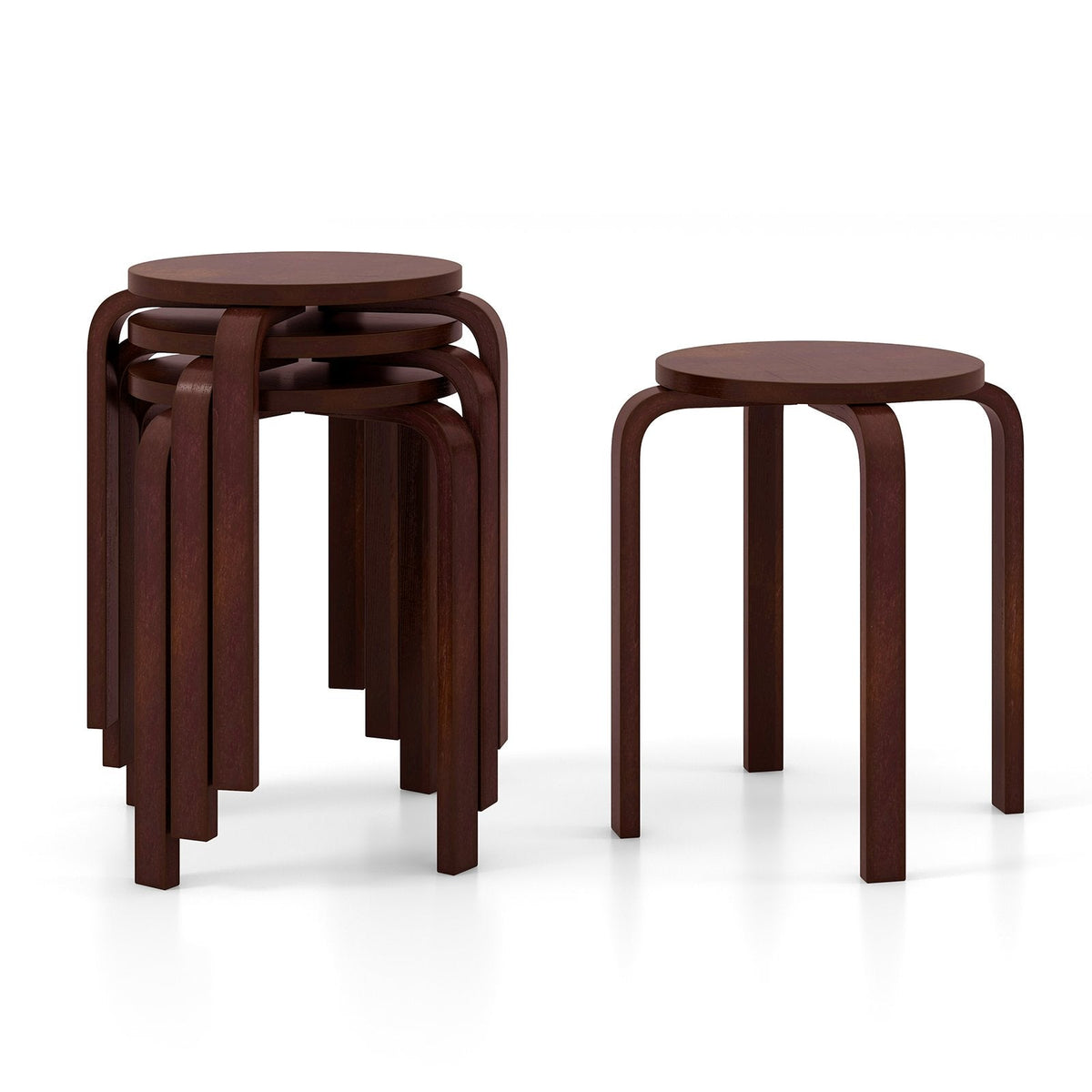 Juego de 4 taburetes apilables de madera curvada con asiento redondo, marrón oscuro, 18 pulgadas