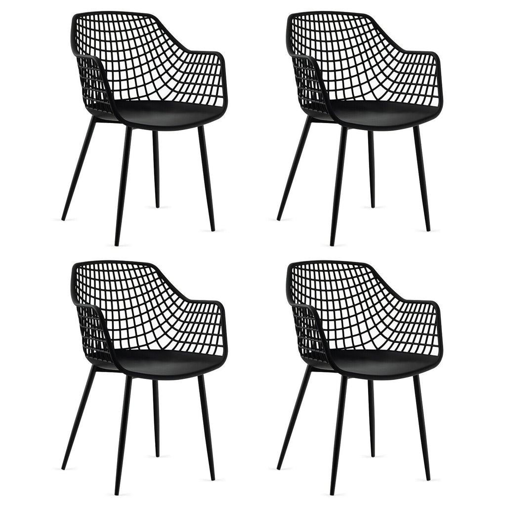 Juego de 4 sillas de comedor con respaldo hueco y asiento curvo, plástico negro y patas de metal