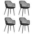 Juego de 4 sillas de comedor con respaldo hueco y asiento curvo, plástico negro y patas de metal