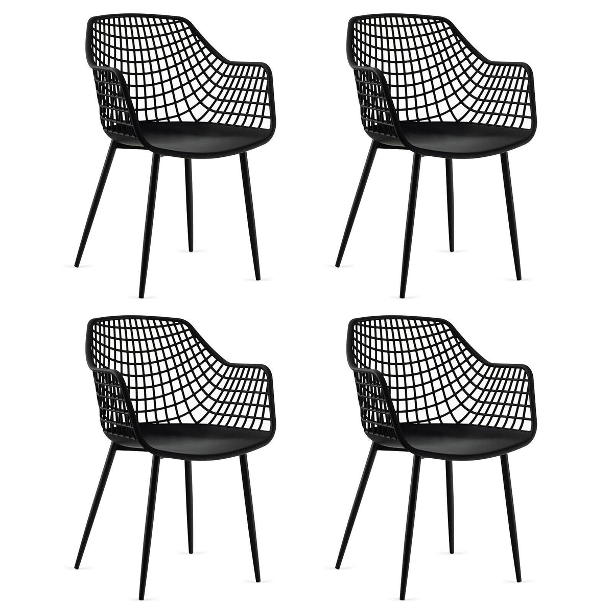 Juego de 4 sillas de comedor con respaldo hueco y asiento curvo, plástico negro y patas de metal