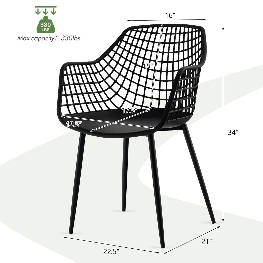 Juego de 4 sillas de comedor con respaldo hueco y asiento curvo, plástico negro y patas de metal