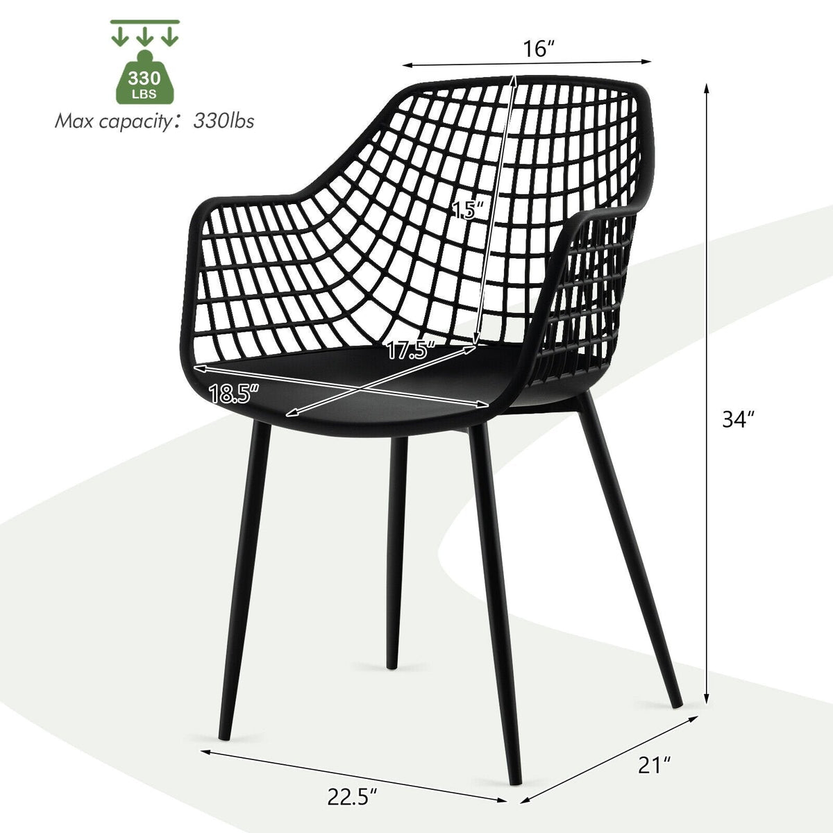 Juego de 4 sillas de comedor con respaldo hueco y asiento curvo, plástico negro y patas de metal