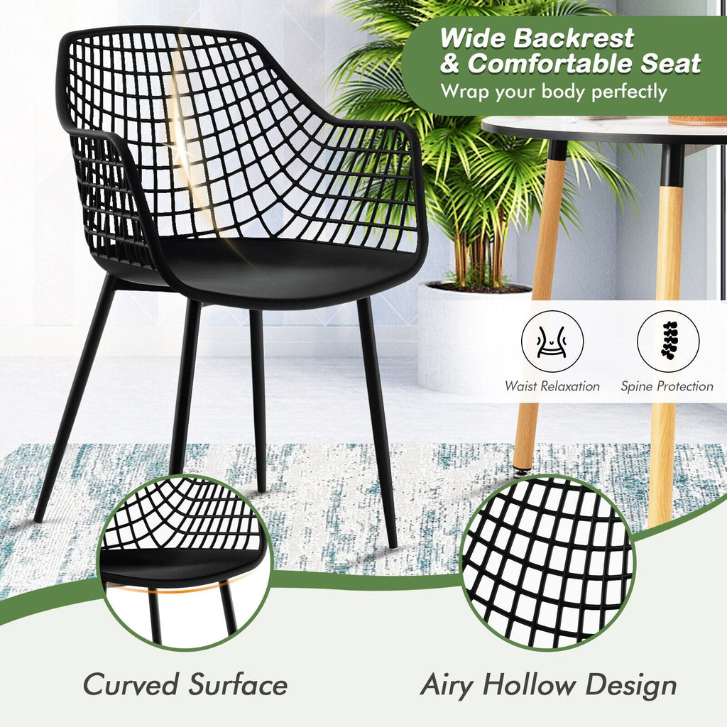 Juego de 4 sillas de comedor con respaldo hueco y asiento curvo, plástico negro y patas de metal