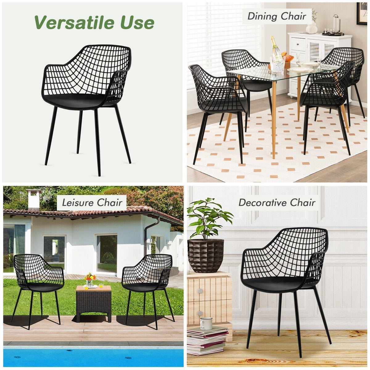 Juego de 4 sillas de comedor con respaldo hueco y asiento curvo, plástico negro y patas de metal