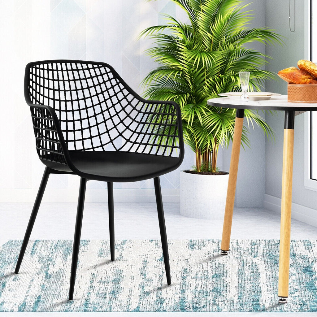 Juego de 4 sillas de comedor con respaldo hueco y asiento curvo, plástico negro y patas de metal