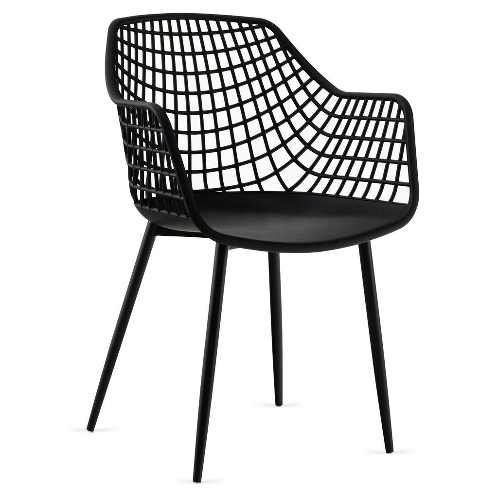 Juego de 4 sillas de comedor con respaldo hueco y asiento curvo, plástico negro y patas de metal