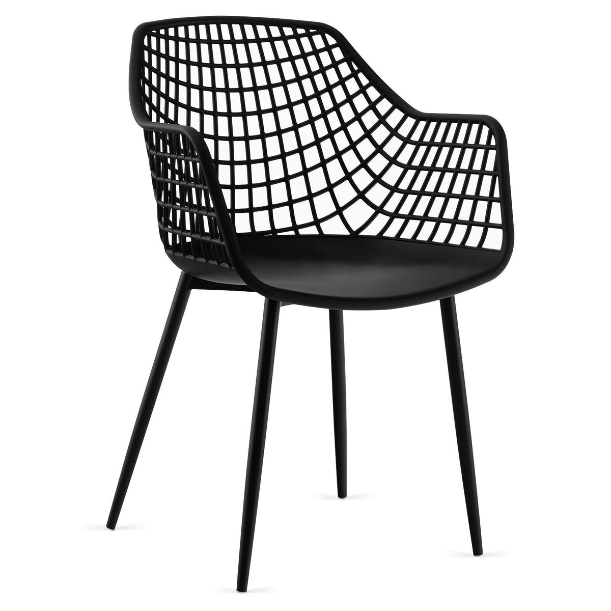 Juego de 4 sillas de comedor con respaldo hueco y asiento curvo, plástico negro y patas de metal
